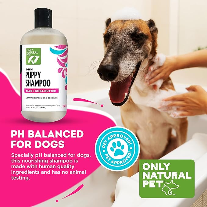 Only Natural Pet 2-in-1 Puppy Shampoo with Aloe & Shea Butter - Hydrating Dog Shampoo for Puppies with Sensitive Skin & Coat, Moisturizing Plant-Based Formula, No Fragrance - 16.9 oz