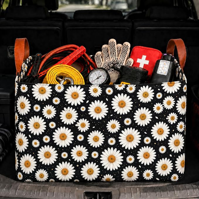 Daisy Car Trunk Organizer 20L Collapsible Auto Storage Basket with Handles | Waterproof Soft Storage Chest,Shopping Grocery Bags Rectangle Fabric Bins Storage Box for Car SUV,Daisy Gifts for Women