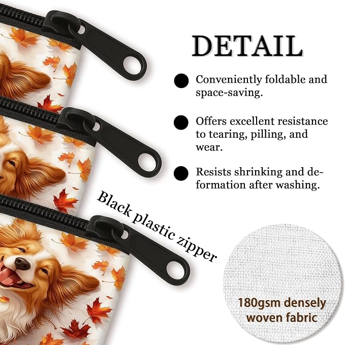 Fall Rough Collie Dog Makeup Bag, Cute Autumn Maple Leaf Printed Cosmetic Travel Pouch for Women Girls, Pet Portable Small Canvas Zipper Organizer 7x9 Inch