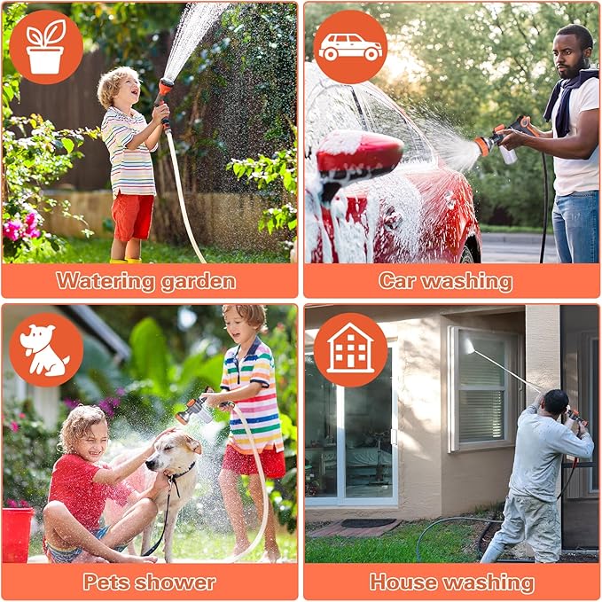 Upgrade Dog Washing Hose Attachment, 8 Way Spray Pattern Garden Hose Nozzle with Soap Dispenser, Dog Wash Supplies with 2 type Dog Bath Brush, Dog Comb and Toothbursh, Car Washing Mitt