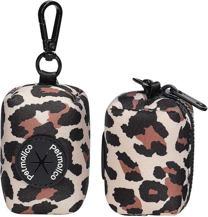 Petmolico Dog Poop Bag Holder Dispenser 2 Pack, Leopard | Zippered pouch fits any leash, includes free roll of bags, lightweight & portable for daily walks, travel & outdoor use