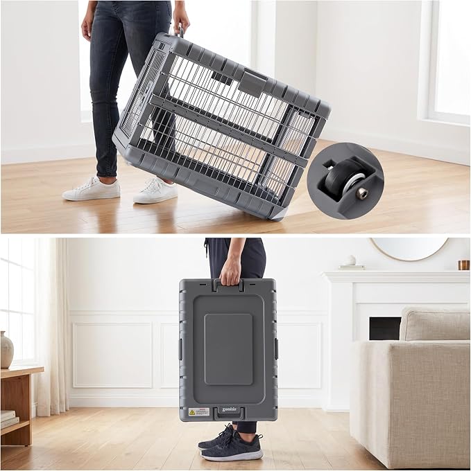 ZOMISIA Collapsible Dog Crate for Dogs - 28" L Heavy Duty Dog Kennel No Tools Required with 4 Sides Steel Foldable Cage for Dogs Indoor Furniture, Portable Carrier with 2 Smooth Wheels, Gunmetal