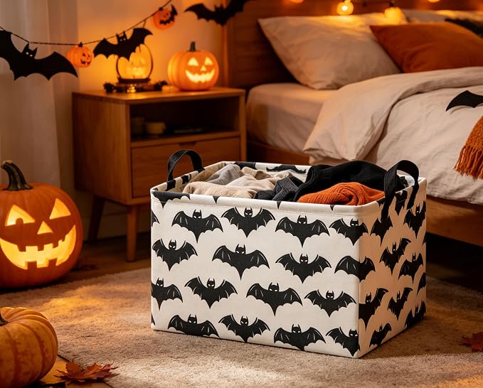 Halloween Basket Empty for Rectangular bat Storage Bins Organizer Bin Box Cute Bat Room Decor for Home(Black Bats)