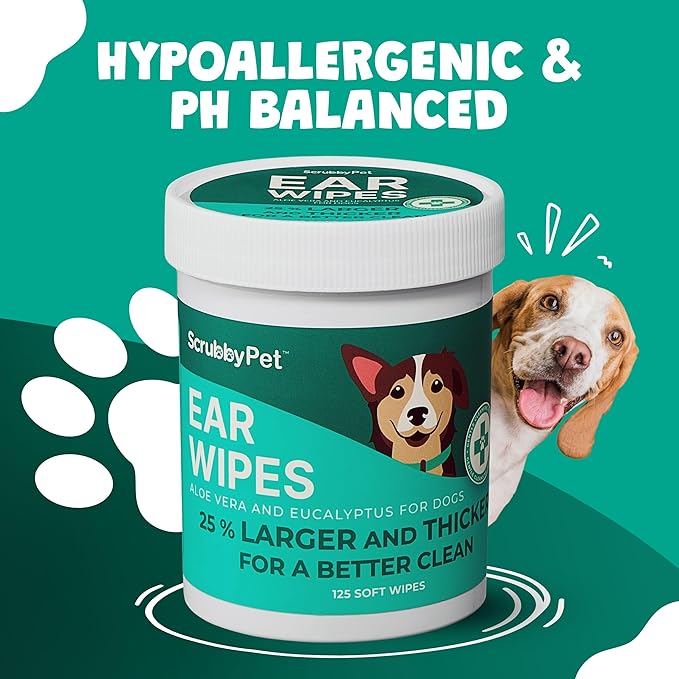 Scrubby Pet Dog Ear Wipes for Dogs | Extra Thick with Aloe Vera & Eucalyptus | 250 Count | Hypoallergenic Ear Cleaner for Dogs with Pearl Texture for Deeper Clean