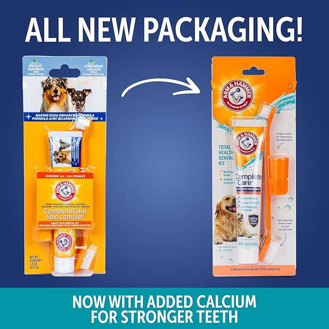 Arm & Hammer Complete Care Dog Dental Kit with Enzymatic Dog Toothpaste, Toothbrush and Finger Brush, Baking Soda and Calcium Formula for Plaque Tartar Control, Chicken Flavor, 2.5 Oz