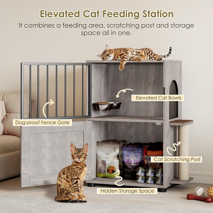 Dog Proof Cat Feeding Station, Dog Proof Cat Feeder, Cat Food Table, Gray | Cat Feeding Station with Scratching Post, Elevated Cat Food Bowls with Stand, Pet Food Storage Cabinet, Cat House