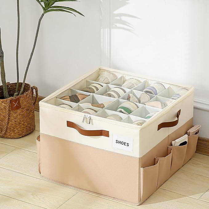 Varhomax Shoe Organizer Box for Closet, Fabric Shoe Storage Bin with Adjustable Dividers & Clear Cover, Holds up 16-32 Pairs of Sneakers & Sandals for Entryway, Cubby