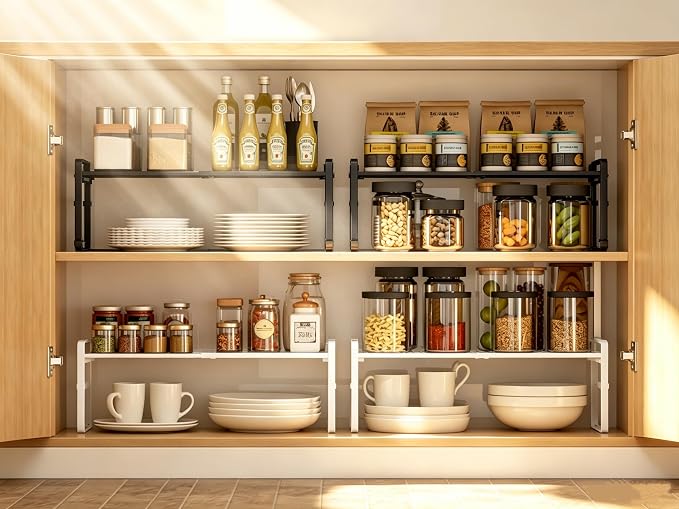 Expandable Cabinet Shelf Organizer Riser for Kitchen Under Sink Countertop | Expandable, metal , 0.8mm-thick shelves, suitable for cabinets, countertops, under-sink areas, and storage rooms