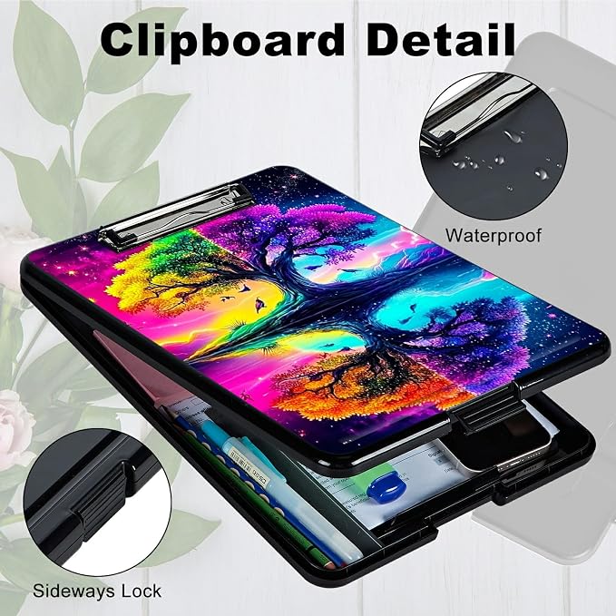Heavy Duty Storage Clipboard, Slim Nursing Clipboard with Internal Pen Case, Portable File Organizer Case for A4 Letter Size Paper Office Medical Professionals, Purple Green Tree