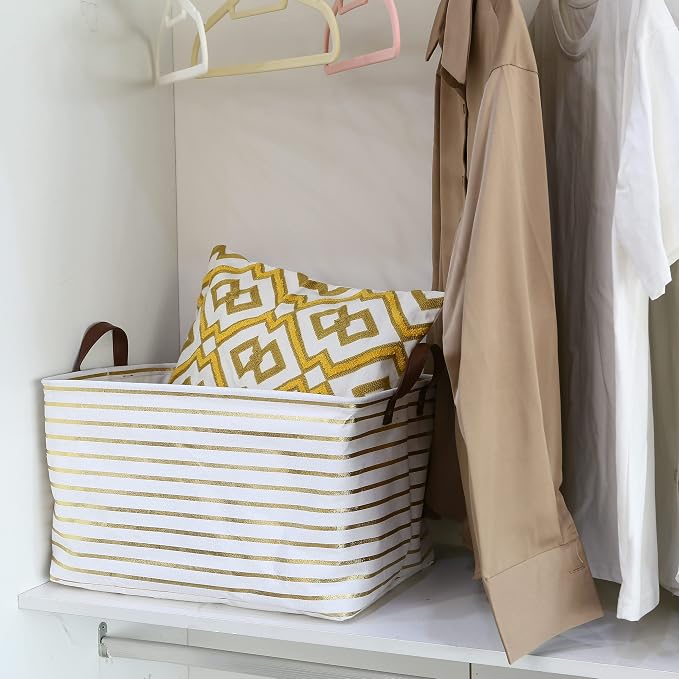 Hinwo 31L Large Canvas Storage Bin with Lid and Handles | Collapsible Fabric Basket, Closet Shelf Organizer, Container for Clothing, Blankets, Toys, Bedding (Gold Stripe)