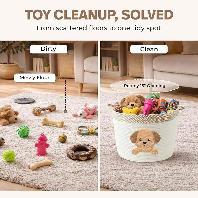 Golden Retriever and Lab Dog Toy Basket, Cotton Rope Storage Bin, 15x11 in | Pet Toy Storage, Blanket and Leash Organizer, Soft Felt Puppy Patch, Dog Mom Gift, Living Room and Crate Side Bin, Spot Clean