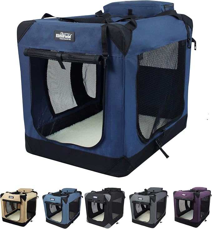EliteField 3-Door Soft Dog Crate with Bed & Carrying Bag (2-Year Warranty) | 3 Mesh Doors, Steel Frame, Removable & Washable Crate Cover and Bed Cover, Storage Pockets, Indoor/Outdoor, Foldable
