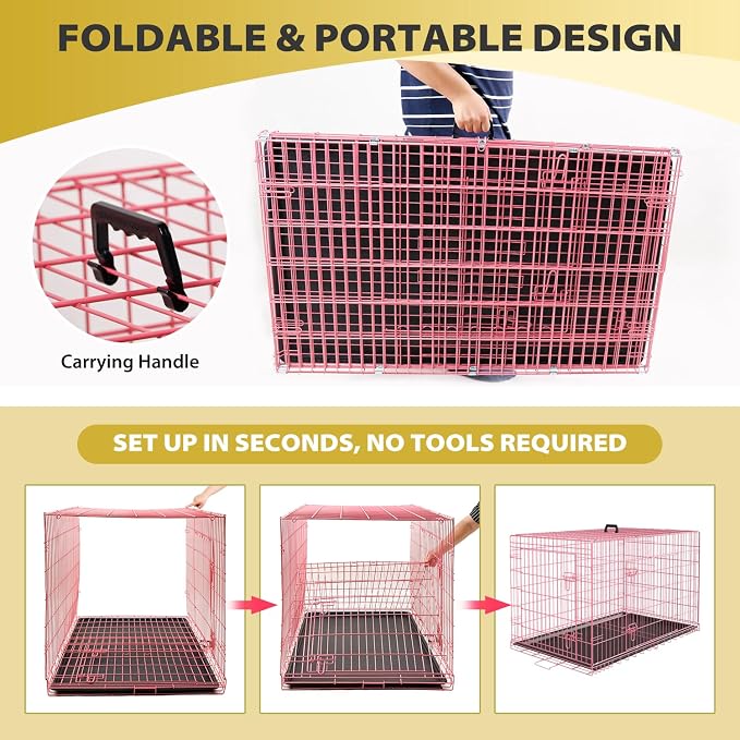 BestPet | Dog Crate | 48" | Pink | Foldable Metal Kennel with Double Doors | Secure Slide-Bolt Latches, Leakproof Tray | Portable Dog Cage for Large Breeds | for Travel, Indoor & Outdoor Use