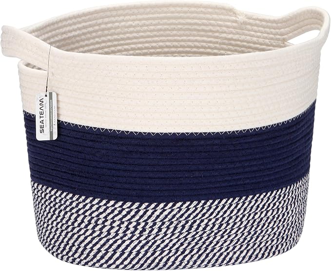 Sea Team Large Woven Cotton Rope Laundry Basket with Handles, 16 x 13 in | Collapsible Knitted Hamper, Closet Shelf Organizers, Containers for Clothing, Blankets, Toys, Bedding, Mottled Navy