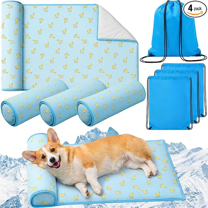 DoubleFill 4 Pack Cooling Pet Mats 15.7" x 23.6" Cooling Dog Beds with Supportive Pillow Self Ice Washable Cool Pads Summer Cat Sleeping Pad with Storage Bag for Summer Crate Floor (Small, Blue)