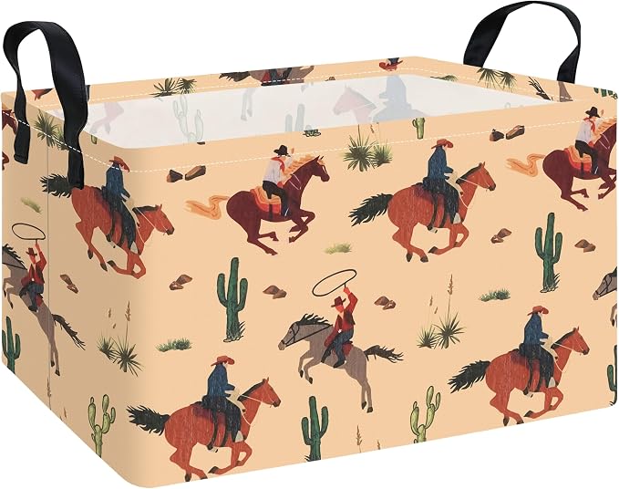 Rectangular Collapsible Storage Basket Nursery Toy Organizer Cactus Cowboy | Storage Bin Foldable Canvas with Handles for Organizing Home Kitchen Children Toys Office Closet Shelf Baskets