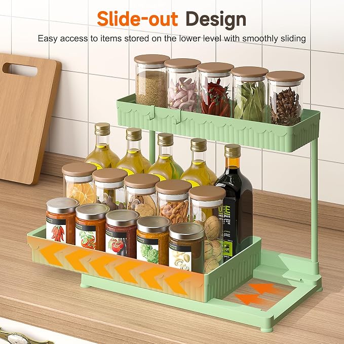 3-Pack 2-Tier L-Shaped Under Sink Organizers with Sliding Drawers | Multi-use kitchen & bathroom storage, 12.85 inch green cabinet organizer, space-saving sliding drawer design.