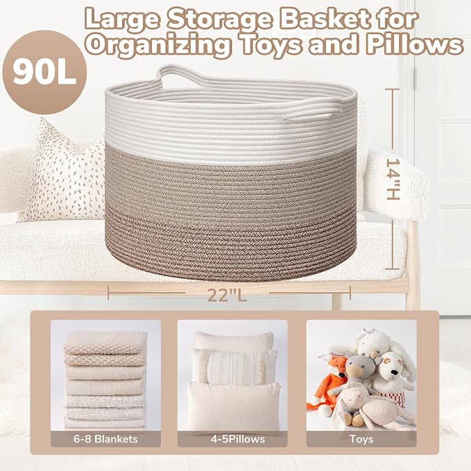 Goodpick Large Woven Basket for Blankets, Nursery & Living Room Decor, 85L | 19.7 x 19.7 x 12.6 In Storage Basket for Toys Shoes, Cute Baby Laundry Hamper for Towels, Clothes, Light & Brown