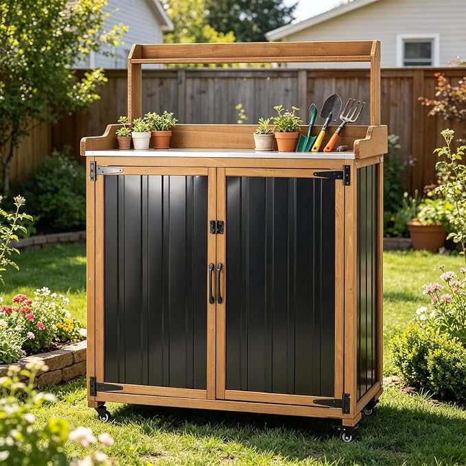 Ketive Rolling Potting Bench with Storage and Galvanized Metal Top | Fir wood components, enclosed cabinet, 2-position shelf, and 4 swivel casters for patio and backyard gardening