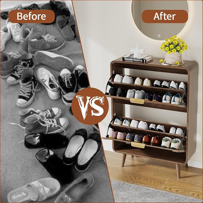 Shoe Storage Cabinet with 2 Flip Drawers for Entryway, 27.5" Freestanding Hidden Shoe Rack Cabinet, Narrow Shoe Organizer for Hallway, Foyer, Walnut