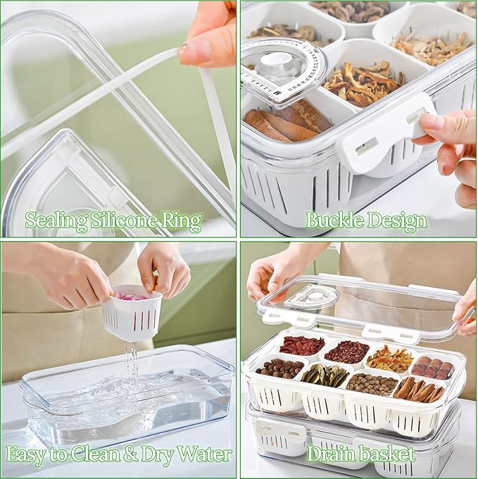 Veggie Tray Divided Serving Tray with Lid, Salad Bar Container for Fridge | Portable Snack Box Container,Food Storage Organizer with 8 Strainers for Fruit,Vegetable, Berry Saver for Refrigerator Picnic