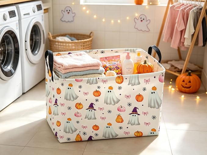 Sanjiaofeng Rectangular Pink Halloween Ghost Storage Basket,Trick or Treat Halloween Basket,Halloweens‌ Party Candy Gift Baskets(Pink Pumpkin)