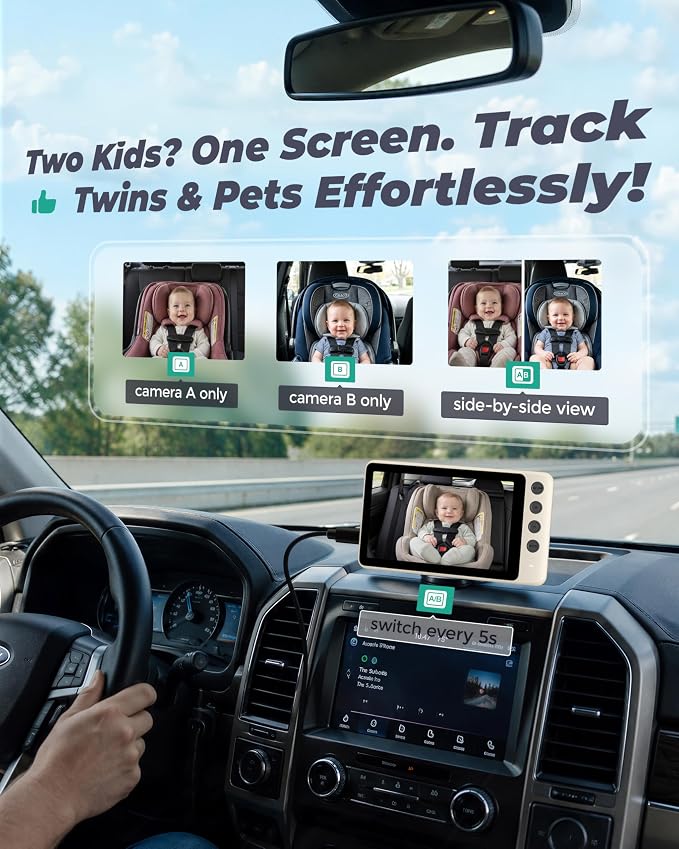 Magnetic Double Car Camera for 2 Baby with 1080P IPS Monitor, White