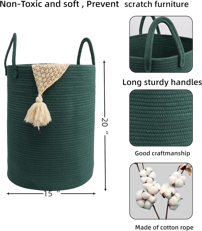 Woven Cotton Rope Laundry Basket, 15x20 Laundry Hamper, Dark Green | Rope storage basket for dirty clothes, toys and blankets. Perfect for bathroom, baby nursery and living room storage.