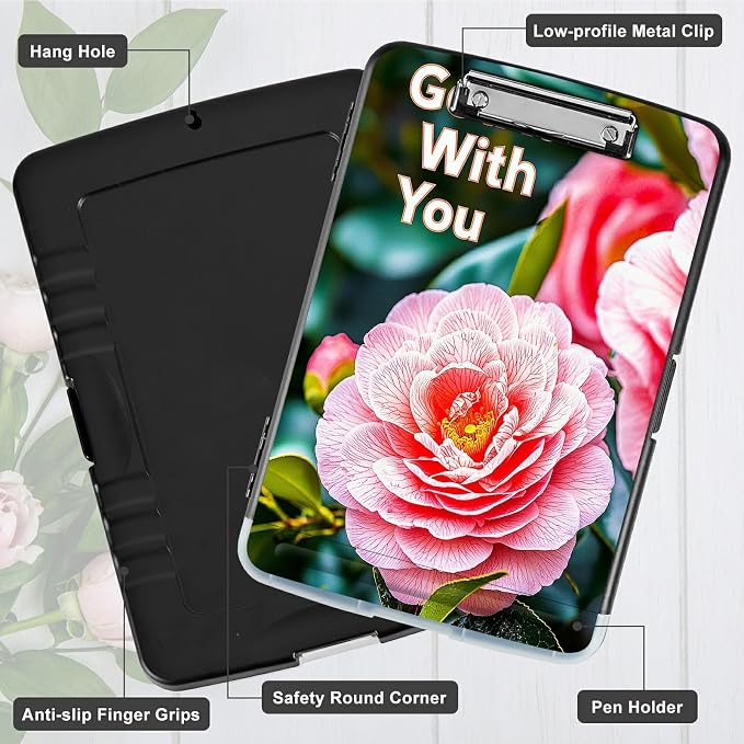 A4 Clipboard with Storage Pen Holder, Clipboards Organizer Nursing Clipboard Foldable File Folder Plastic Clipboard Folio Clip Board for Office Work Classroom Doctor, Pink Peony