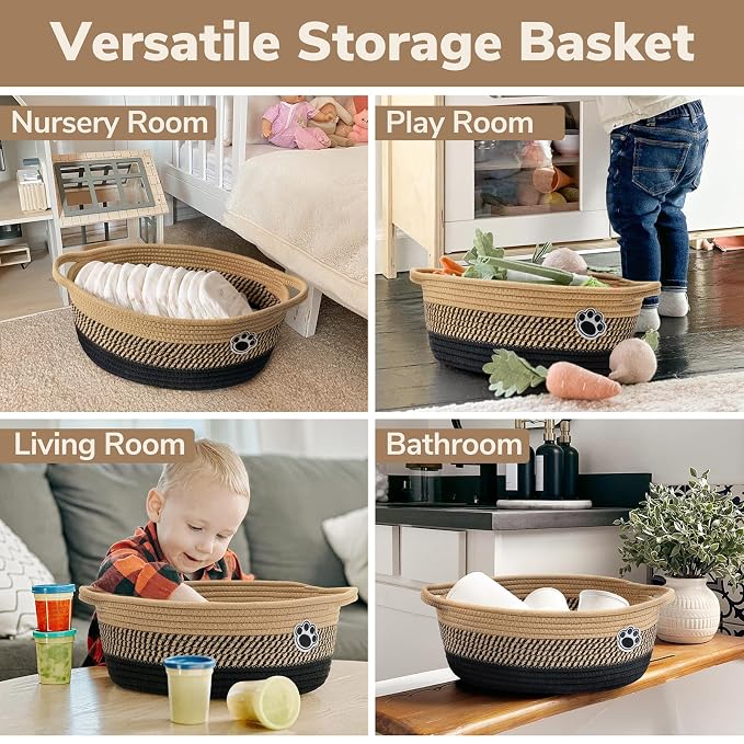 Woven Rope Dog Toy Basket with Paw Print, Black Brown | 12"x 8" x 5" Small Dog Toy Bin & Box with Handles, Fits Living Room Bedroom Nursery Organization, Gift Basket Empty for Pets