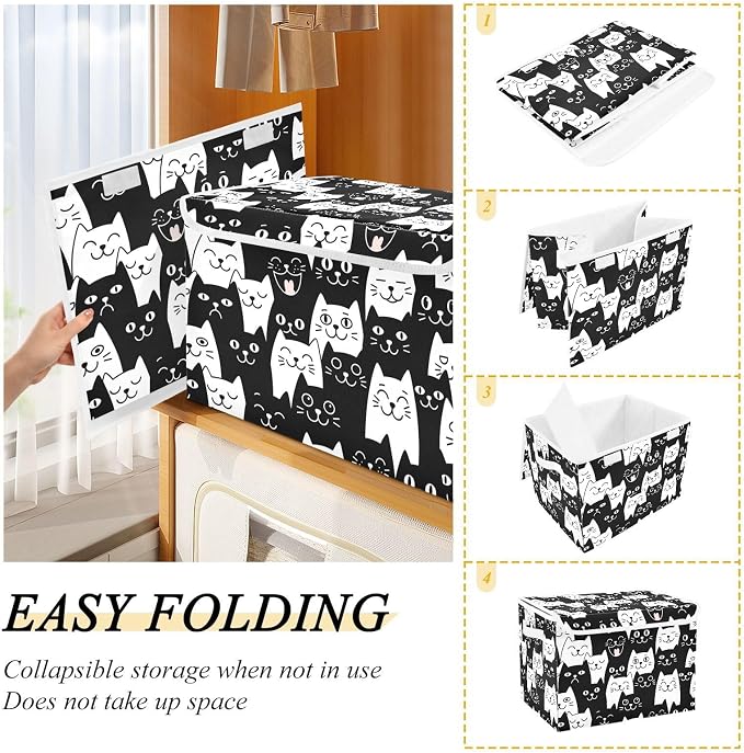Cat Smile Fabric Storage Bins with Lid Foldable Storage Boxes 40L Baskets | Decorative Storage Boxes, Foldable & Stackable, Dust-Proof Flip Top, Reinforced Handles, For Home & Dorm, Clothes & Toy Box