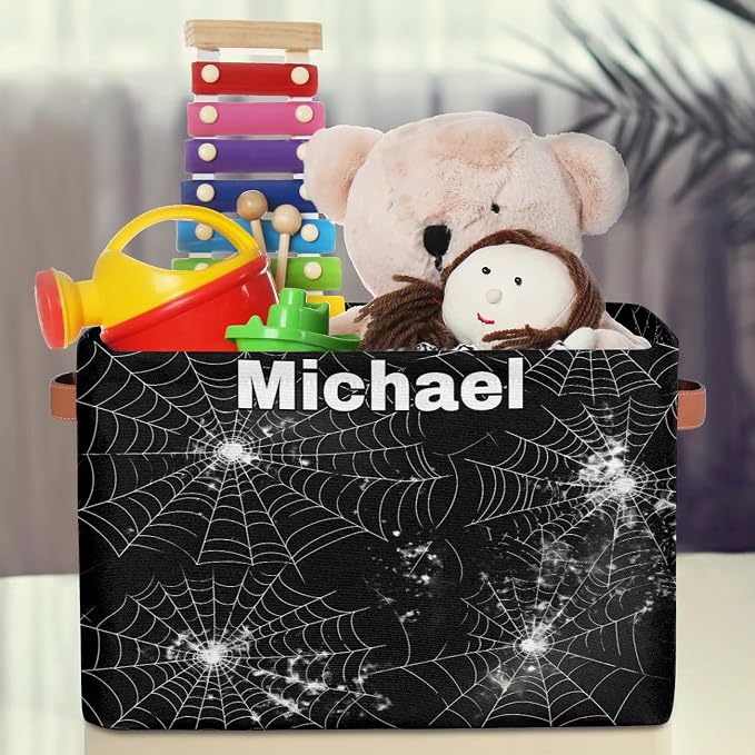 Custom Name Storage Bin, Personalized Rectangular Storage Basket with Handles for Organizing Boys Girls Toys Office Closet Shelf Baskets, Spider Web Black White