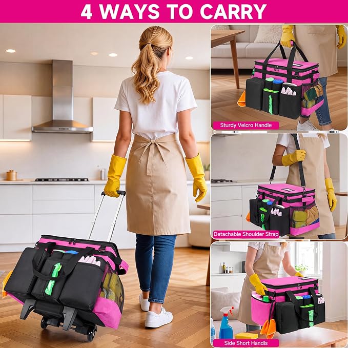 Cleaning Cadddy Bag with Rolling Cart, Large Cleaning Bag with Wheels | Cleaning Supplies Organizer with Detachable Trolley for Housekeepers, Housekeeping Cleaning Cart with Shoulder Strap & Handle