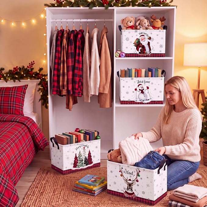 4 Pcs Christmas Storage Basket for Gifts Empty Large Christmas Themed Storage Bins with Handles 15 x 10 x 8 Fabric Laundry Baskets Xmas Collapsible Organizer Boxes for Home Cloth Toys Books