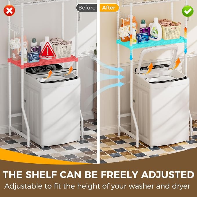 Golpart Laundry Organizer Shelves Over the Washer and Dryer Storage Shelf | Heavy Duty Laundry Room Organization Clothes Drying Rack Adjustable Height Wire Shelving and Wire Basket with Hanger Rod