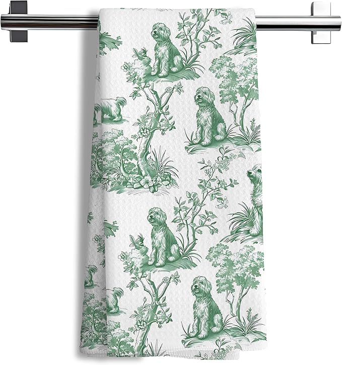 Chinoiserie Golden Doodle Kitchen Towels, Golden Doodle Gifts Hand Towels for Kitchen Bathroom Decor, Sage Green Botanical Grandmillennial Dog Decorative Dish Tea Towels, 16x24 Inch