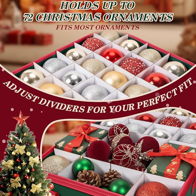 Christmas Ornament Storage Box with Adjustable Dividers Zippered Top Stores up to 72 Holiday Ornaments (3 Inch) Xmas Ball Decorations Organizer Storage Container Bin