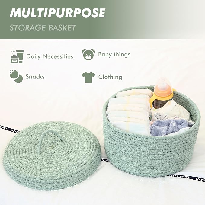 Sea Team Round Storage Basket, Woven Cotton Rope Basket with Lid, Green | Decorative Knitted Storage Bin, Multi-Purpose Lidded Organizer for Closet Shelves, Nursery and Household Storage