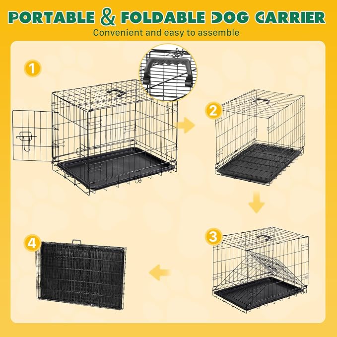Small Dog Crate 24 Inch Foldable Single Door Dog Cage Pet Kennel | Metal Wire, Secure Lock, Plastic Leak-Proof Pan Tray, Indoor Outdoor Training Pet