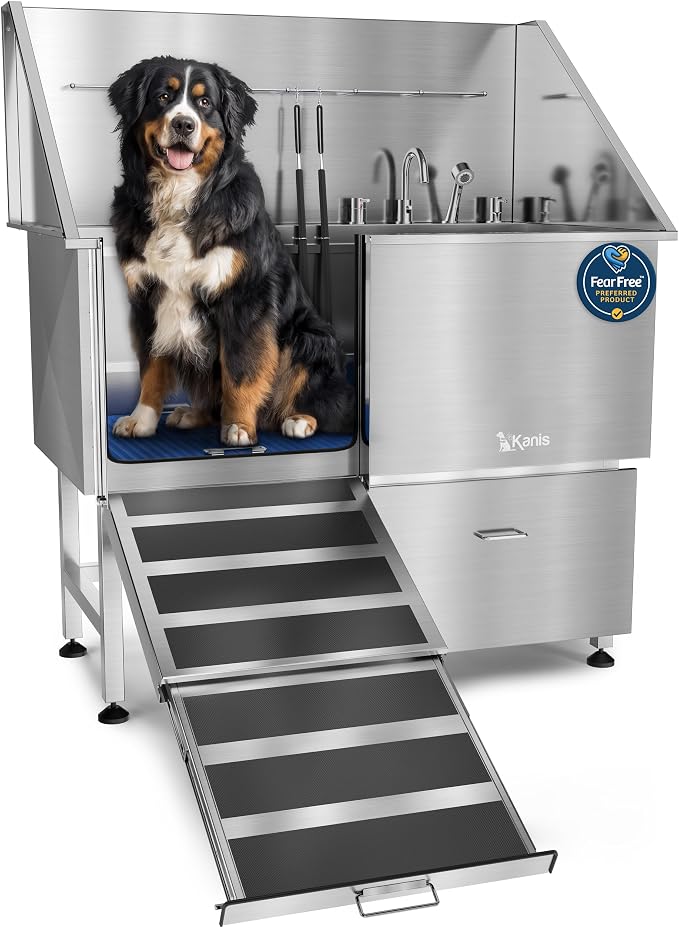 Professional Dog Washing Station 304 Stainless Steel Pet Wash Sink | Grooming Bathtub w/Shower, Floor Grates and Storage for Large, Medium & Small Pets (Silver, 50 Inches, Left Ramp, 1 Drawer)