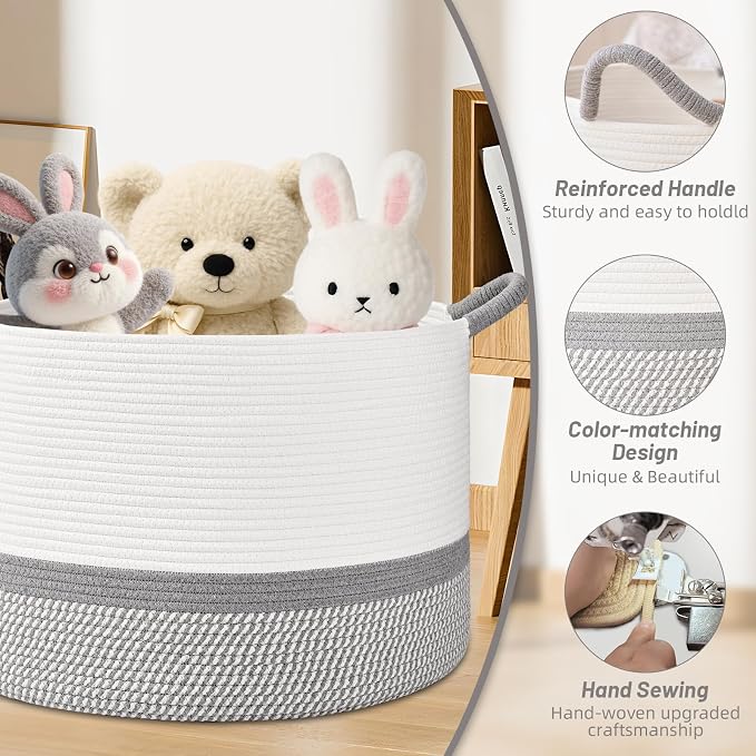 67L Large Blanket Basket, 20"x13" Blanket Basket Living Room, Woven Baskets With Handle, Toy Baskets for Blankets, Nursery, Dog, Pillow, Gift (White & Light Grey)