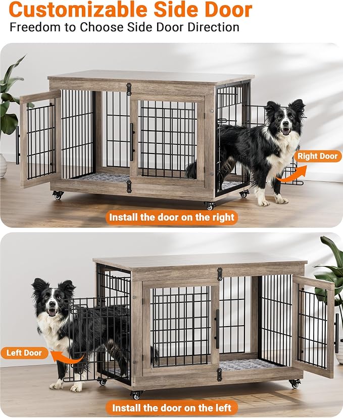 YaFiti Dog Crate Furniture, 38.5" Wooden Indoor Dog Kennel, Grey | Cushion, Wheels, Double Doors, for Large/Medium Dogs, Up to 70 lb, Furniture Style, Side End Table, Decorative Pet Cage House