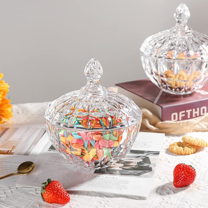 ComSaf 26oz Glass Candy Dish with Lid Crystal Candy Jar Clear Covered | Covered Candy Storage, Coffee Table Office Desk Bathroom Vanity Decor, Countertop Display, Large Capacity, Kitchen Storage