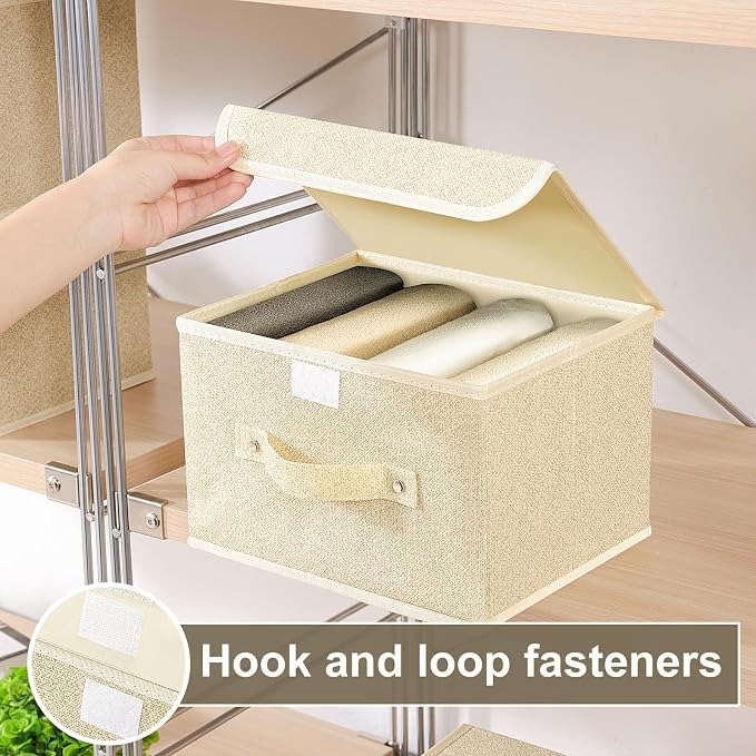 Storage Bins with Handles,Grey and Beige,10.2x7.9x6.7in,3 Pack | Storage Baskets with PP Board Support,Washable Wardrobe Organisers with Lids,Stackable Organization Bins for Socks,Ties,Scarf