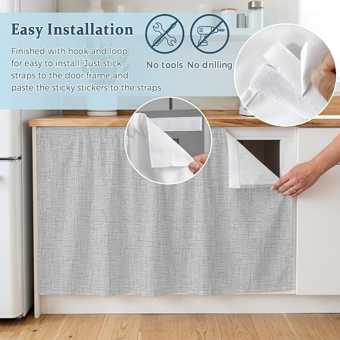 Cabinet Curtains 11x13inch Sink Skirt, Modern Minimalist Gray Desk Skirt for Kitchen Bathroom Shelves, Country Linen Style Privacy Cabinet Curtain Self Stick Adhesive Under Sink Skirts