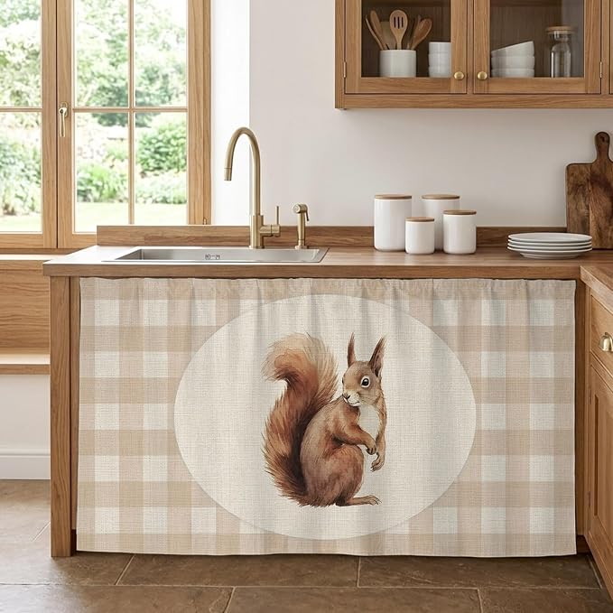 Squirrel Plaid Cabinet Curtains 28"x51" Sink Skirt for Bathroom Kitchen, Rustic Farmhouse Checkered Retro Animal Self Stick Adhesive Under Desk Covers Tall Laundry Cabinet Storage Organizer