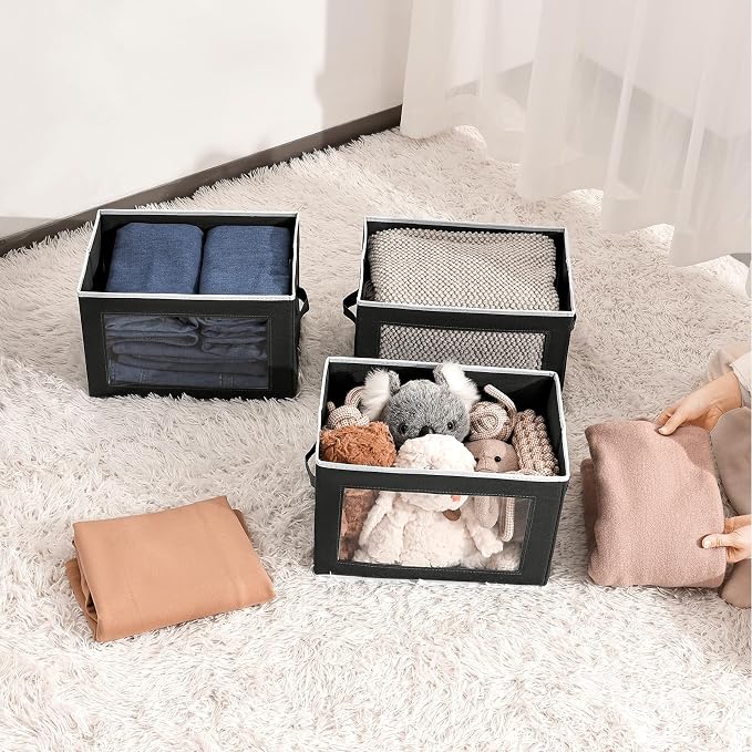 Storage Boxes with Lids, Collapsible Storage Bins with Handles, Closet Storage Baskets with Window, Fabric Storage Containers for Organizing Clothes, Towels, Books, 3 Packs, Black