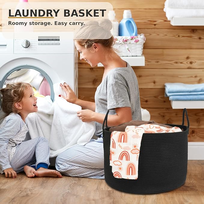XUANGUO 66L Large Blanket Basket, Round Cotton Rope Basket, Black | 20" x 13" Laundry Basket with Sturdy Handles for Blankets, Pillows and Toys; Storage for Living Room, Bedroom and Nursery