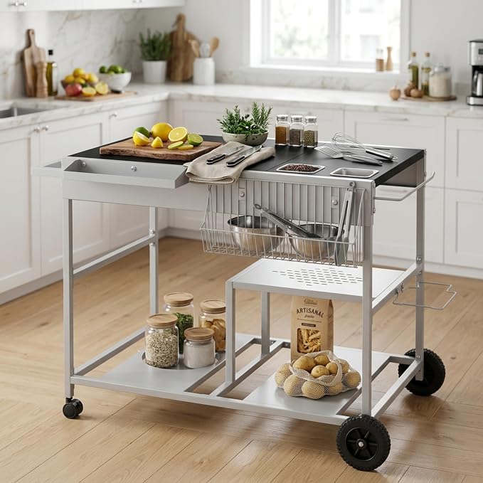 JY QAQA 54" Rolling Kitchen Prep Cart with Storage Basket & Shelves, Portable Kitchen Island Table with Wheels, Multi-Tier Metal Kitchen Workstation with Black Countertop for Food Prep & Organization