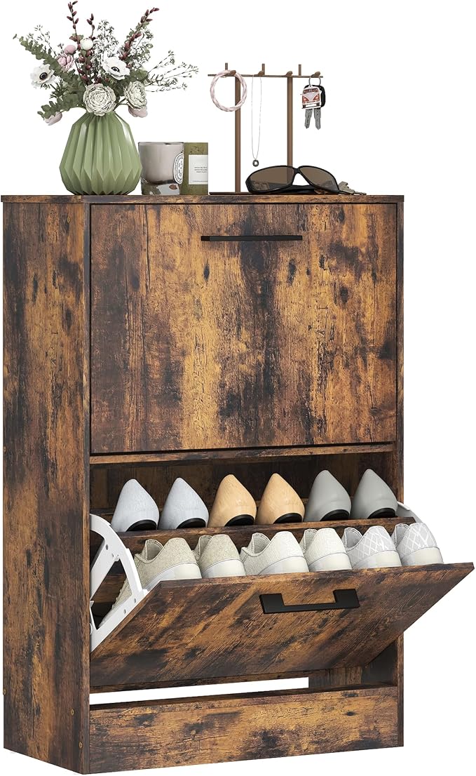 HOMCOM Shoe Cabinet with 2 Flip Drawers, up to 12 Pairs, Rustic Brown | Narrow Storage Cabinet, Adjustable Dividers, Entryway Shoe Storage Unit, for Hallway